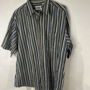 Vintage Basic Editions Mens L Striped Button Front Shirt Blue Green Yellow (016)